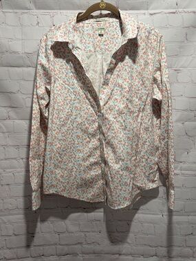 L.L. Bean 100% cotton Button-Down Shirt white, coral, and blue Woman’s size M